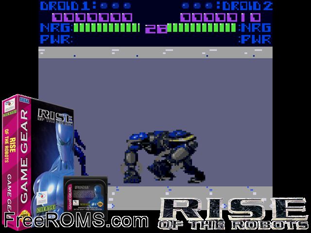 Rise of the Robots Game Gear game showing 3D box cover and gameplay screenshot